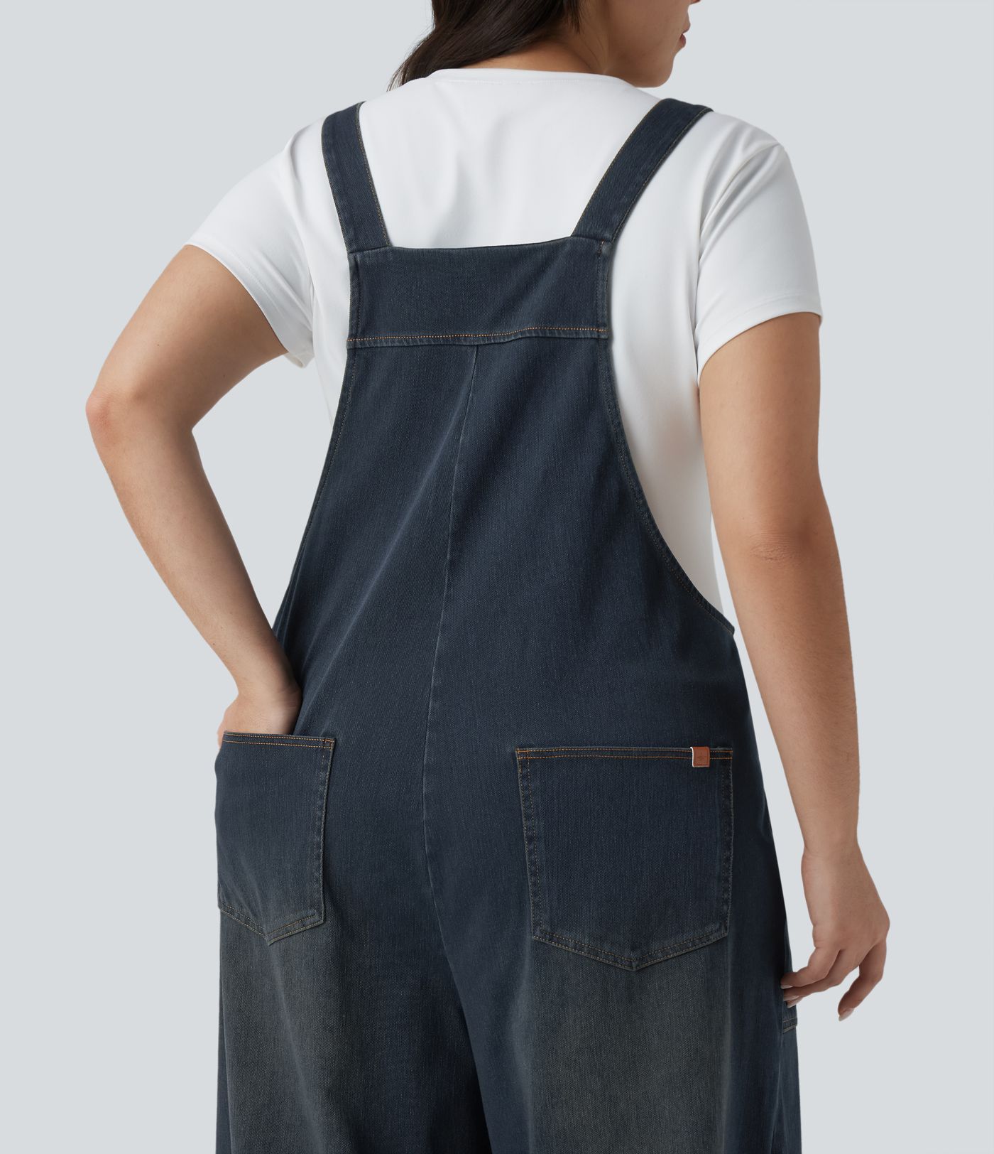Plus Size Halara Flex™ Square Neck Washed Denim Casual Dungarees with Pockets Plus Size Halara Flex™ Square Neck Washed Denim Casual Dungarees with Pockets