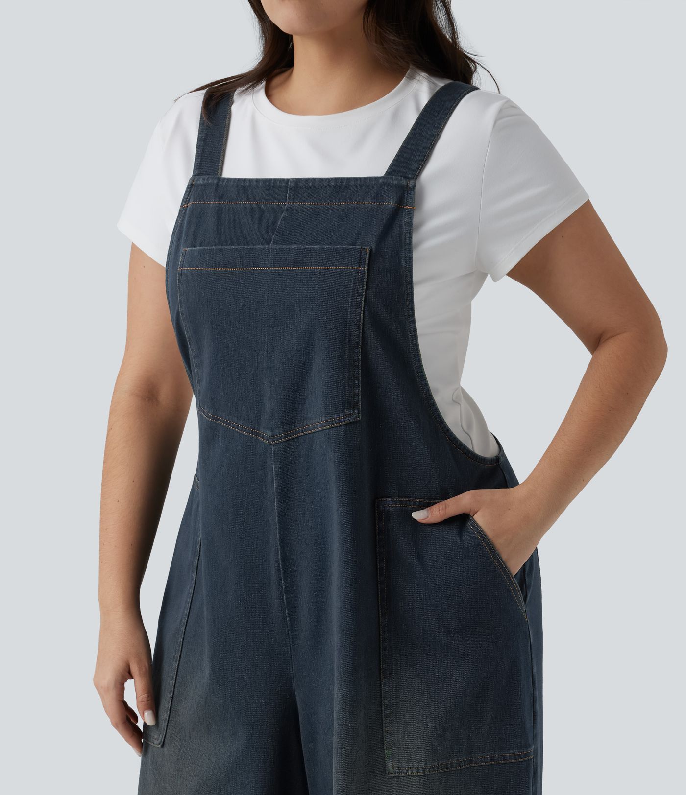 Plus Size Halara Flex™ Square Neck Washed Denim Casual Dungarees with Pockets Plus Size Halara Flex™ Square Neck Washed Denim Casual Dungarees with Pockets