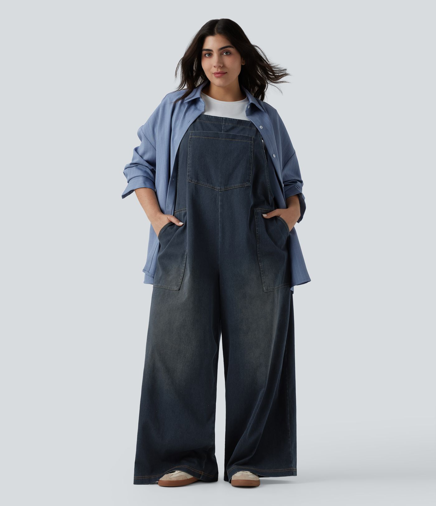 Plus Size Halara Flex™ Square Neck Washed Denim Casual Dungarees with Pockets Plus Size Halara Flex™ Square Neck Washed Denim Casual Dungarees with Pockets