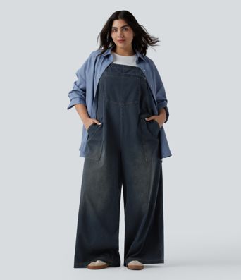 Plus Size Halara Flex™ Square Neck Washed Denim Casual Dungarees with Pockets Plus Size Halara Flex™ Square Neck Washed Denim Casual Dungarees with Pockets