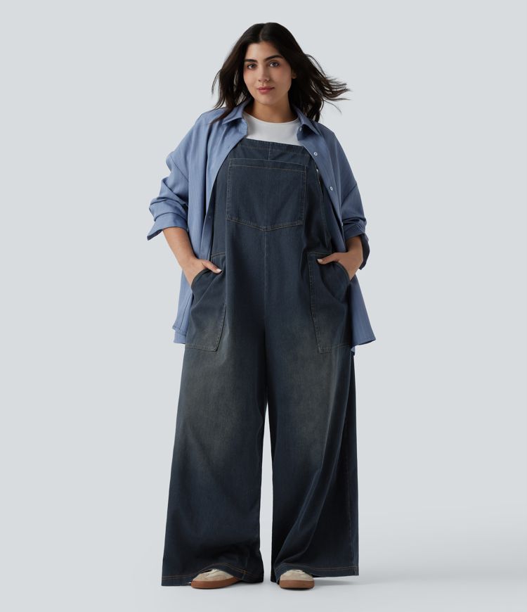 Plus Size Halara Flex™ Square Neck Washed Denim Casual Dungarees with Pockets Plus Size Halara Flex™ Square Neck Washed Denim Casual Dungarees with Pockets