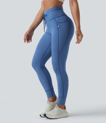 High Waisted Drawstring Striped Yoga Leggings with Pockets