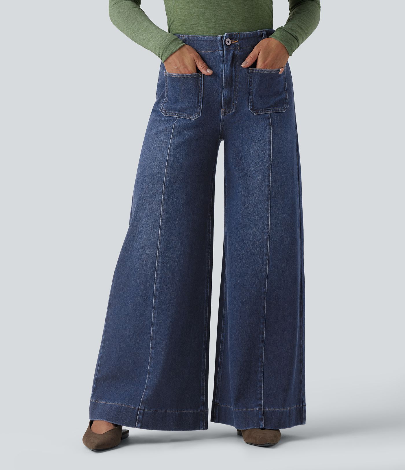 Halara Flex™ High Waisted Pockets Washed Casual Wide Leg Jeans