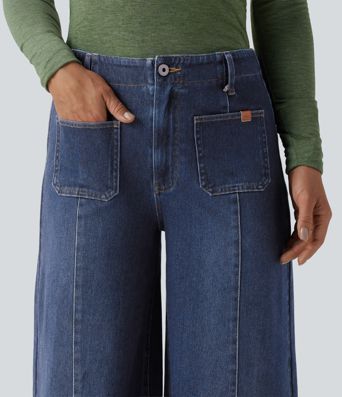 Halara Flex™ High Waisted Pockets Washed Casual Wide Leg Jeans