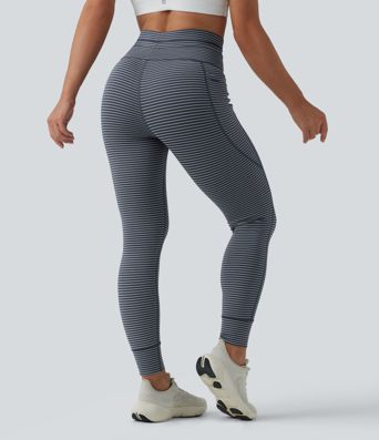 Striped yoga leggings with a high waist, side pockets and drawstring