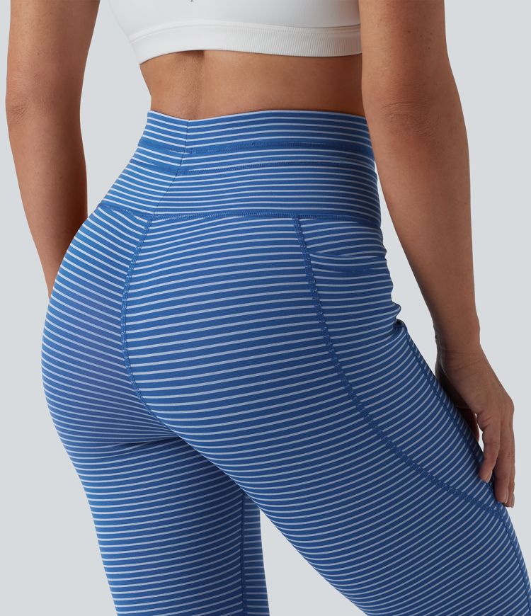 High Waisted Drawstring Striped Yoga Leggings with Pockets