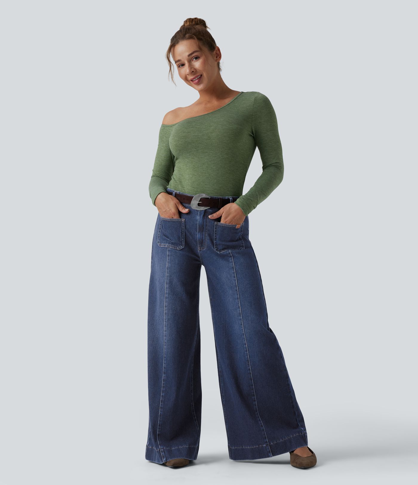 Halara Flex™ High Waisted Pockets Washed Casual Wide Leg Jeans