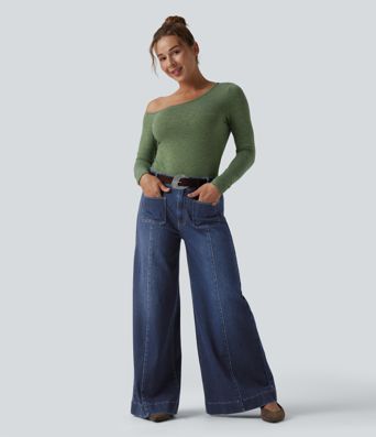 Halara Flex™ High Waisted Pockets Washed Casual Wide Leg Jeans