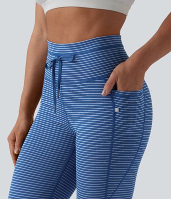 High Waisted Drawstring Striped Yoga Leggings with Pockets