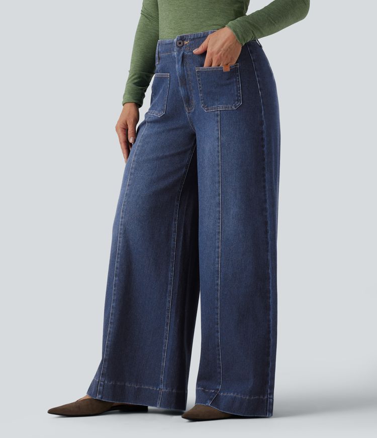 Halara Flex™ High Waisted Pockets Washed Casual Wide Leg Jeans