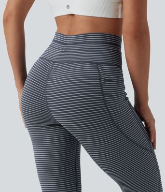 Striped yoga leggings with a high waist, side pockets and drawstring