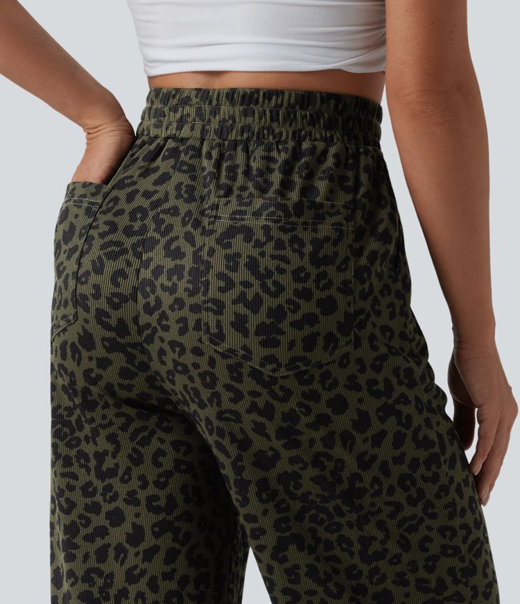 High Waisted Leopard Print Casual Joggers with Pockets