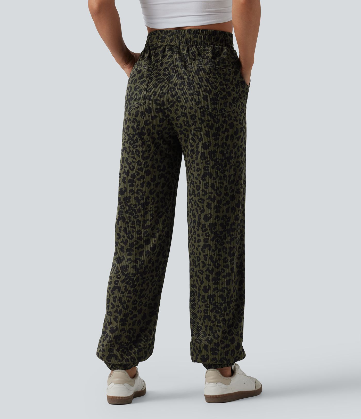 High Waisted Leopard Print Casual Joggers with Pockets