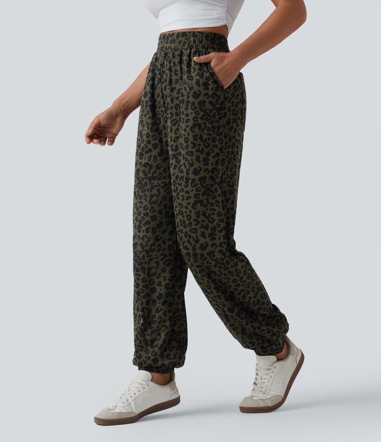 High Waisted Leopard Print Casual Joggers with Pockets