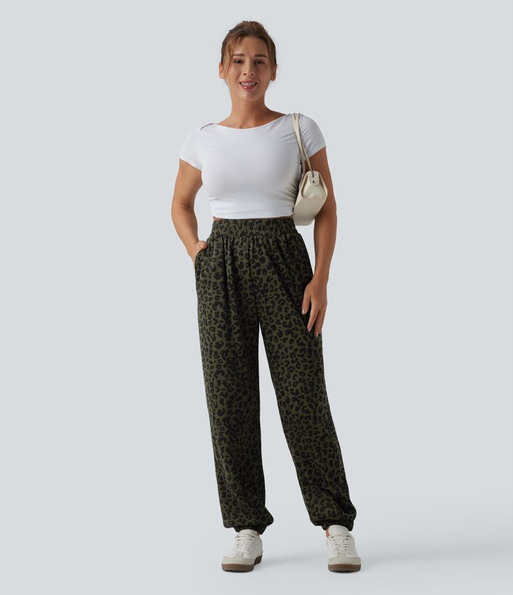 High Waisted Leopard Print Casual Joggers with Pockets