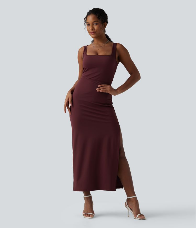 SoftlyZero™ миди рокля с квадратно деколте — въздушна, прилепнала (bodycon) с охлаждащо усещане, UPF50+