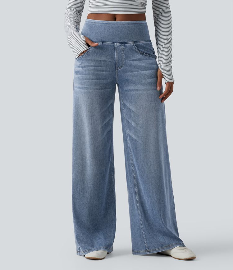Halara Flex™ Mid Rise Draped Washed Casual Baggy Wide Leg Jeans with Pockets