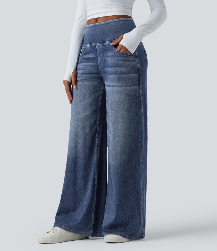 Halara Flex™ Mid Rise Draped Washed Casual Baggy Wide Leg Jeans with Pockets