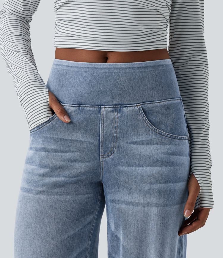 Halara Flex™ Mid Rise Draped Washed Casual Baggy Wide Leg Jeans with Pockets