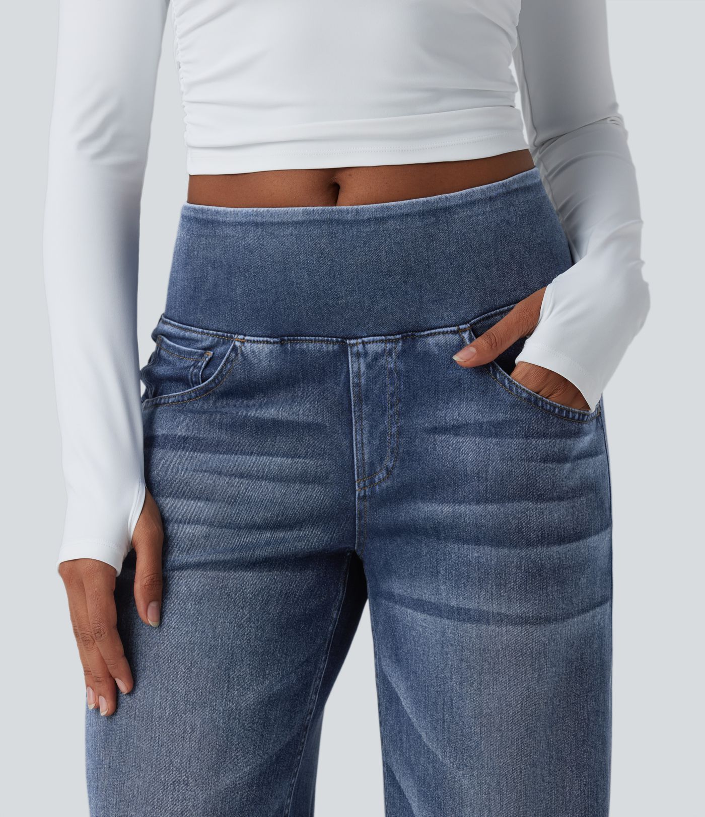 Halara Flex™ Mid Rise Draped Washed Casual Baggy Wide Leg Jeans with Pockets