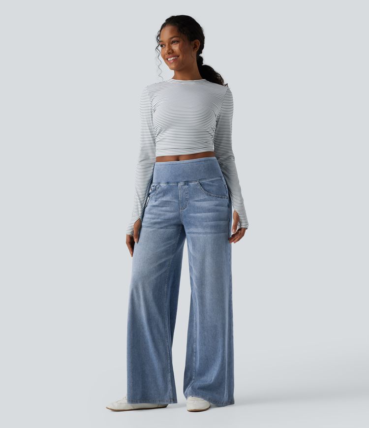 Halara Flex™ Mid Rise Draped Washed Casual Baggy Wide Leg Jeans with Pockets
