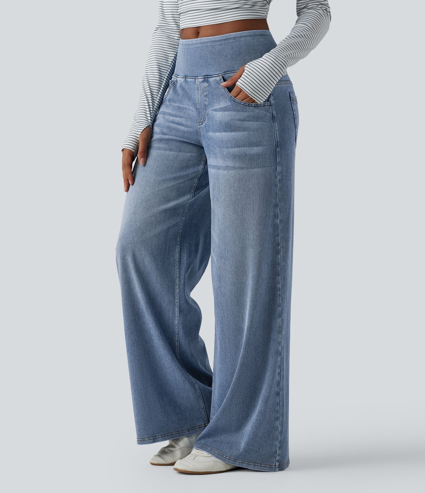 Halara Flex™ Mid Rise Draped Washed Casual Baggy Wide Leg Jeans with Pockets