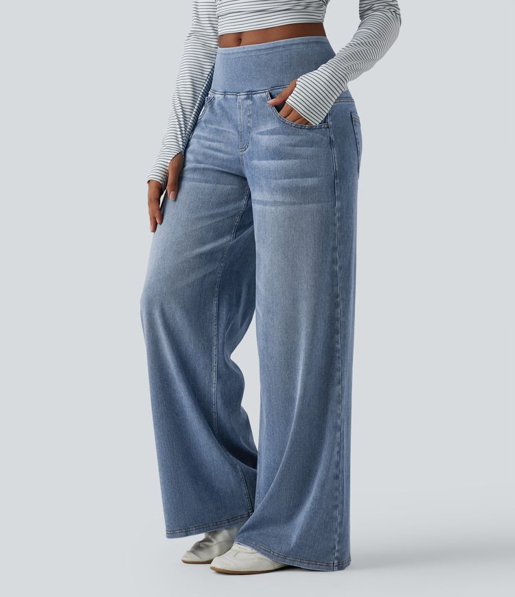 Halara Flex™ Mid Rise Draped Washed Casual Baggy Wide Leg Jeans with Pockets
