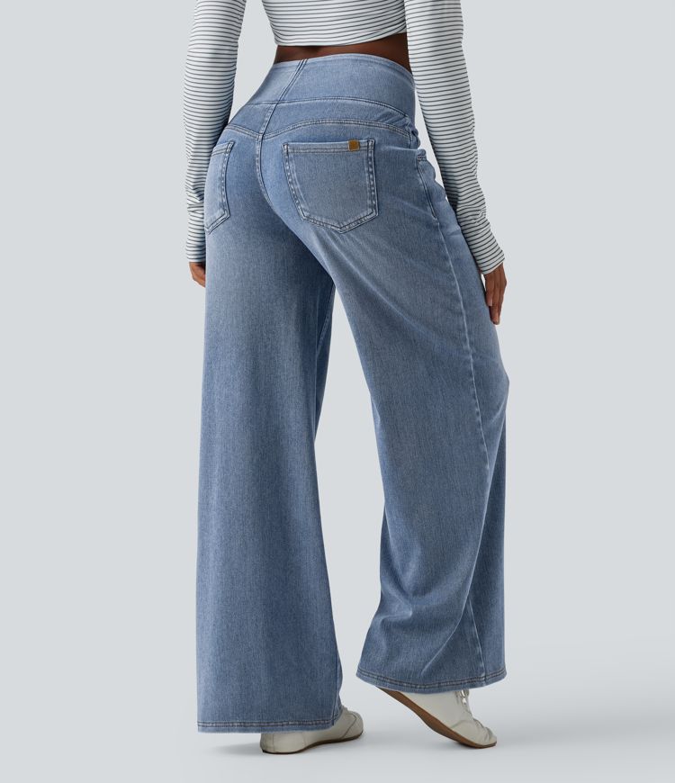 Halara Flex™ Mid Rise Draped Washed Casual Baggy Wide Leg Jeans with Pockets