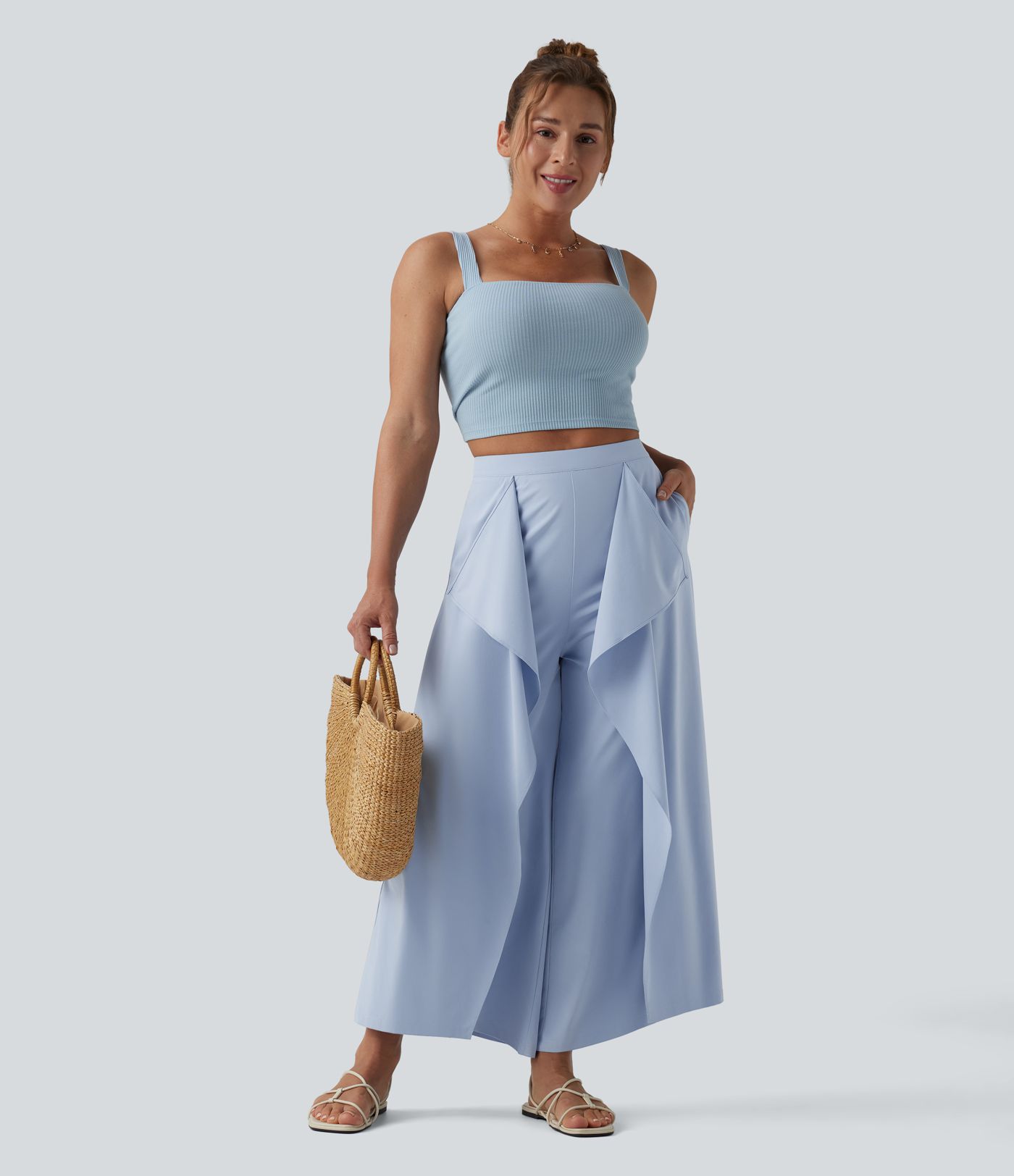 Breezeful™ High Waisted Invisible Zipper Ruffle Quick Dry Resort Baggy Pants with Pockets