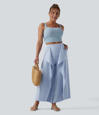 Breezeful™ High Waisted Invisible Zipper Ruffle Quick Dry Resort Baggy Pants with Pockets