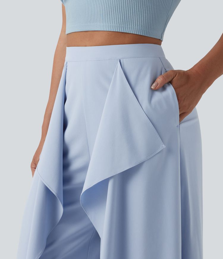 Breezeful™ High Waisted Invisible Zipper Ruffle Quick Dry Resort Baggy Pants with Pockets