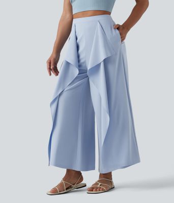 Breezeful™ High Waisted Invisible Zipper Ruffle Quick Dry Resort Baggy Pants with Pockets