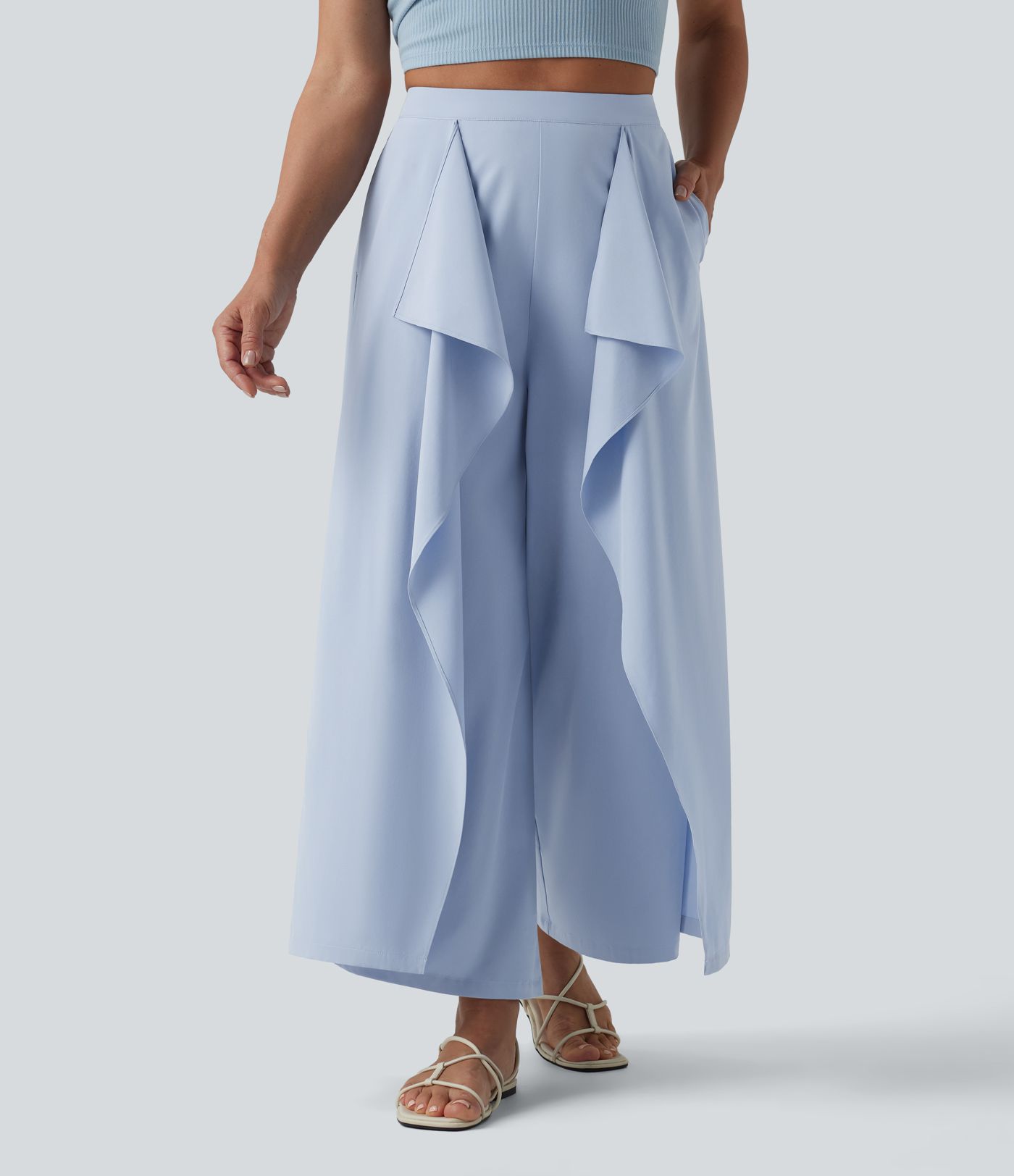 Breezeful™ High Waisted Invisible Zipper Ruffle Quick Dry Resort Baggy Pants with Pockets