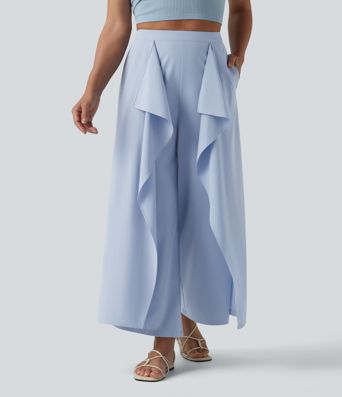 Breezeful™ High Waisted Invisible Zipper Ruffle Quick Dry Resort Baggy Pants with Pockets