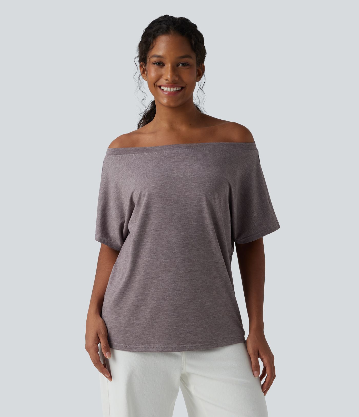 One-shoulder Short Sleeve Heathered Casual Oversized Top