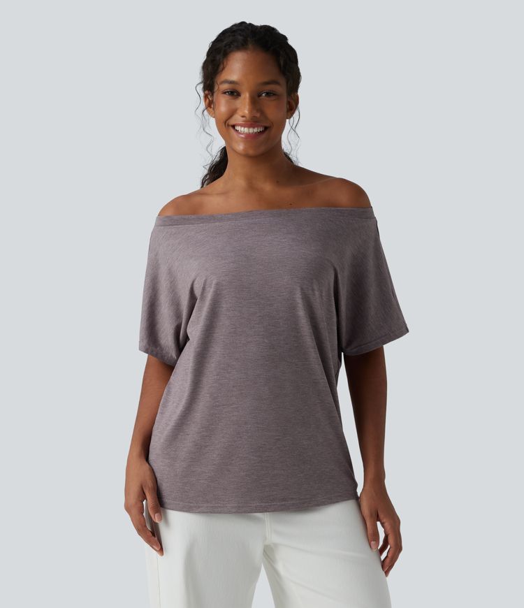 One-shoulder Short Sleeve Heathered Casual Oversized Top