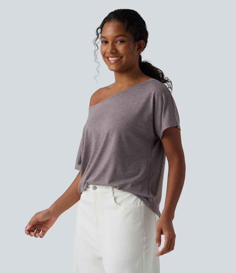 One-shoulder Short Sleeve Heathered Casual Oversized Top