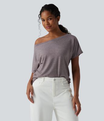 One-shoulder Short Sleeve Heathered Casual Oversized Top