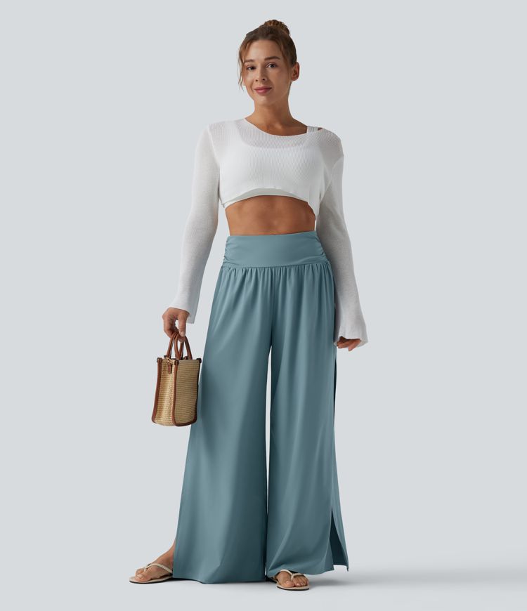 Breezeful™ High Waisted Ruched Split Quick Dry Resort Flowy Pants with Pockets