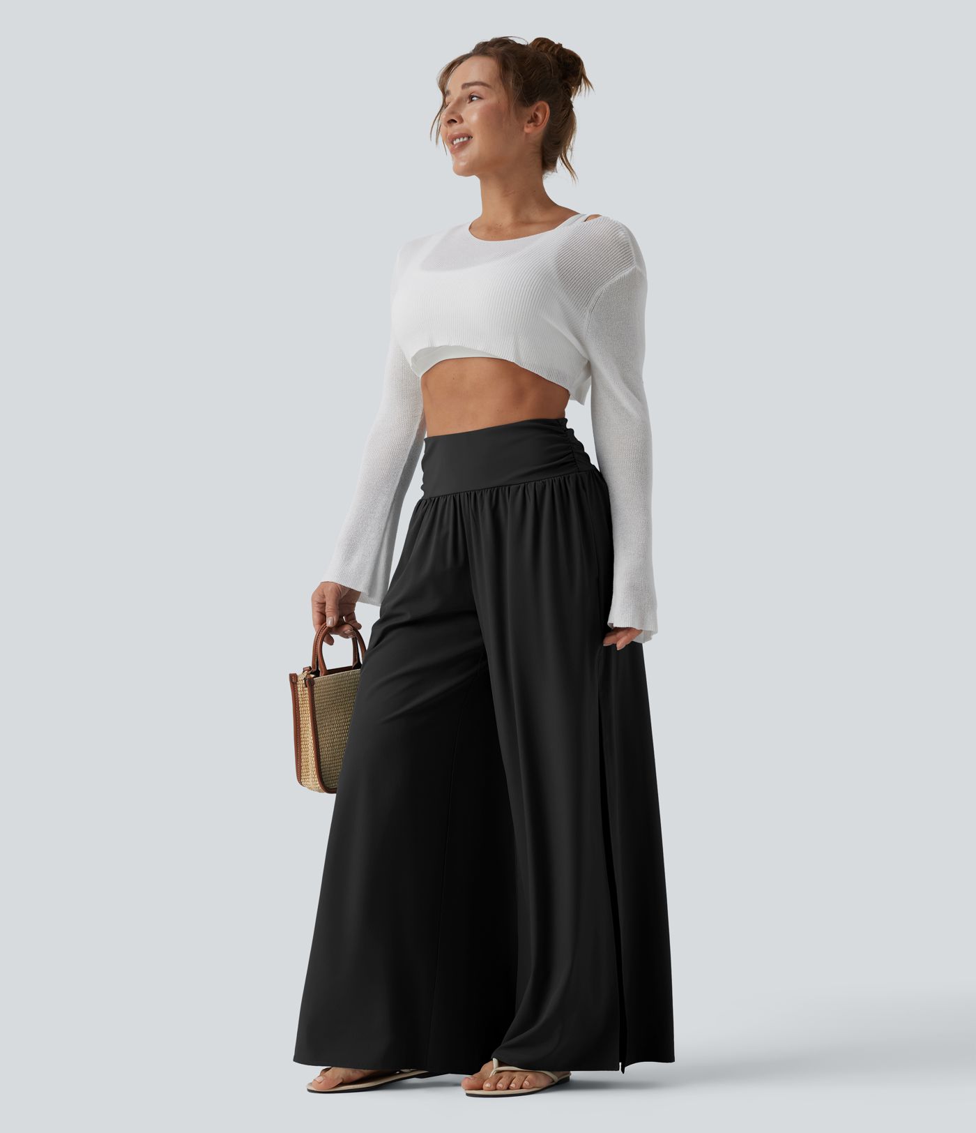 Breezeful™ High Waisted Ruched Split Quick Dry Resort Flowy Pants with Pockets