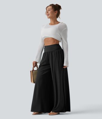 Breezeful™ High Waisted Ruched Split Quick Dry Resort Flowy Pants with Pockets