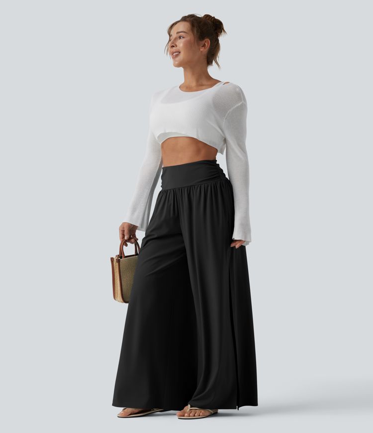 Breezeful™ High Waisted Ruched Split Quick Dry Resort Flowy Pants with Pockets