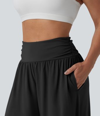 Breezeful™ High Waisted Ruched Split Quick Dry Resort Flowy Pants with Pockets