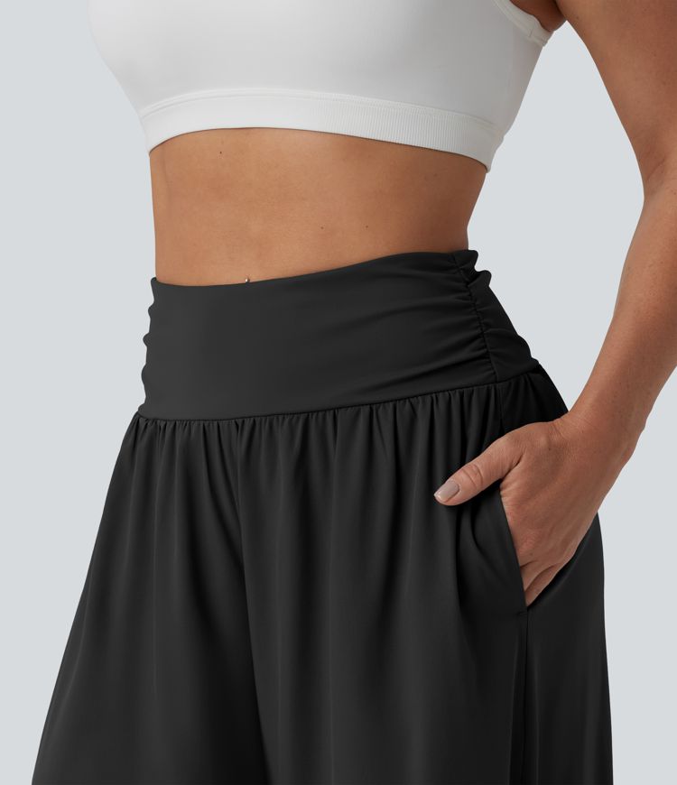 Breezeful™ High Waisted Ruched Split Quick Dry Resort Flowy Pants with Pockets