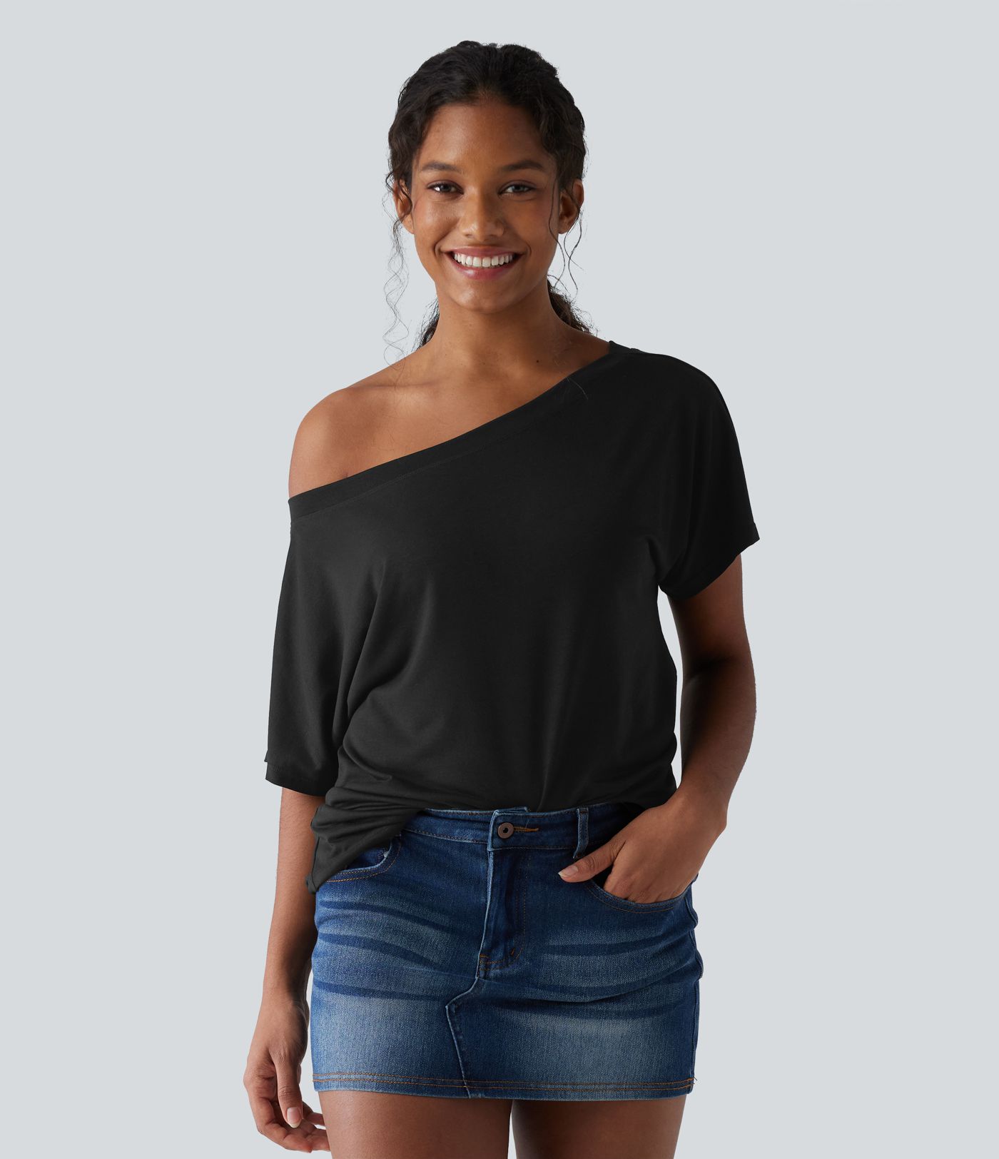 One-shoulder Short Sleeve Heathered Casual Oversized Top