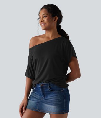 One-shoulder Short Sleeve Heathered Casual Oversized Top