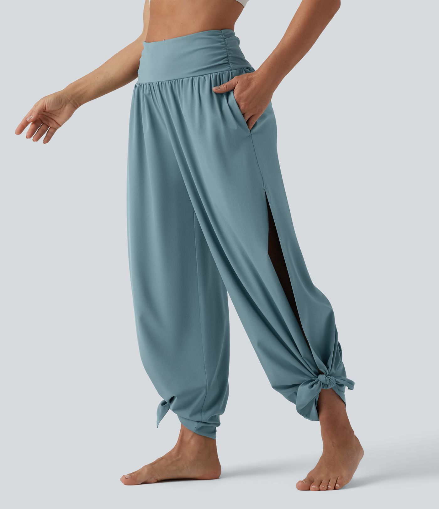 Breezeful™ High Waisted Ruched Split Quick Dry Resort Flowy Pants with Pockets