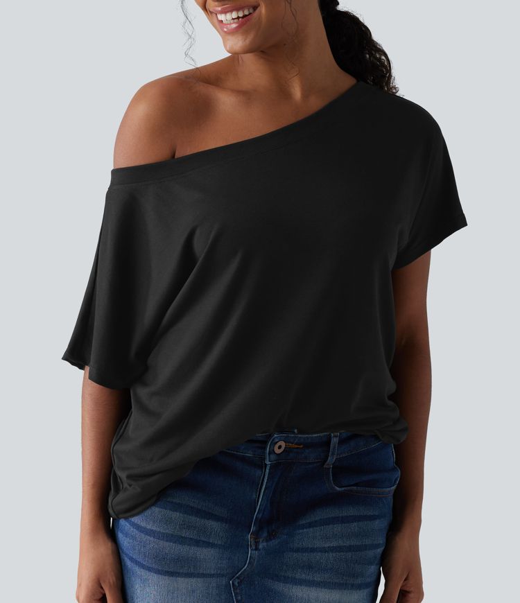 One-shoulder Short Sleeve Heathered Casual Oversized Top