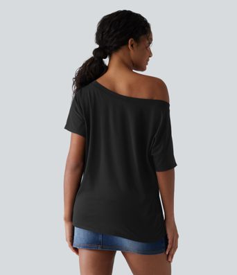 One-shoulder Short Sleeve Heathered Casual Oversized Top