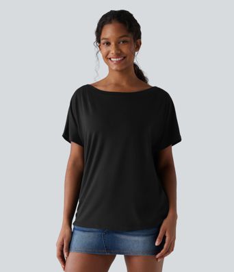 One-shoulder Short Sleeve Heathered Casual Oversized Top